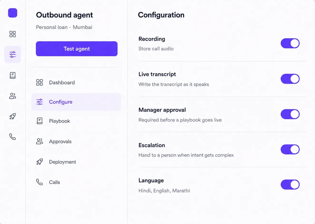 An outbound agent's configuration: recording, live transcript, manager approval before a playbook goes live, escalation to a person, and language, each behind its own switch