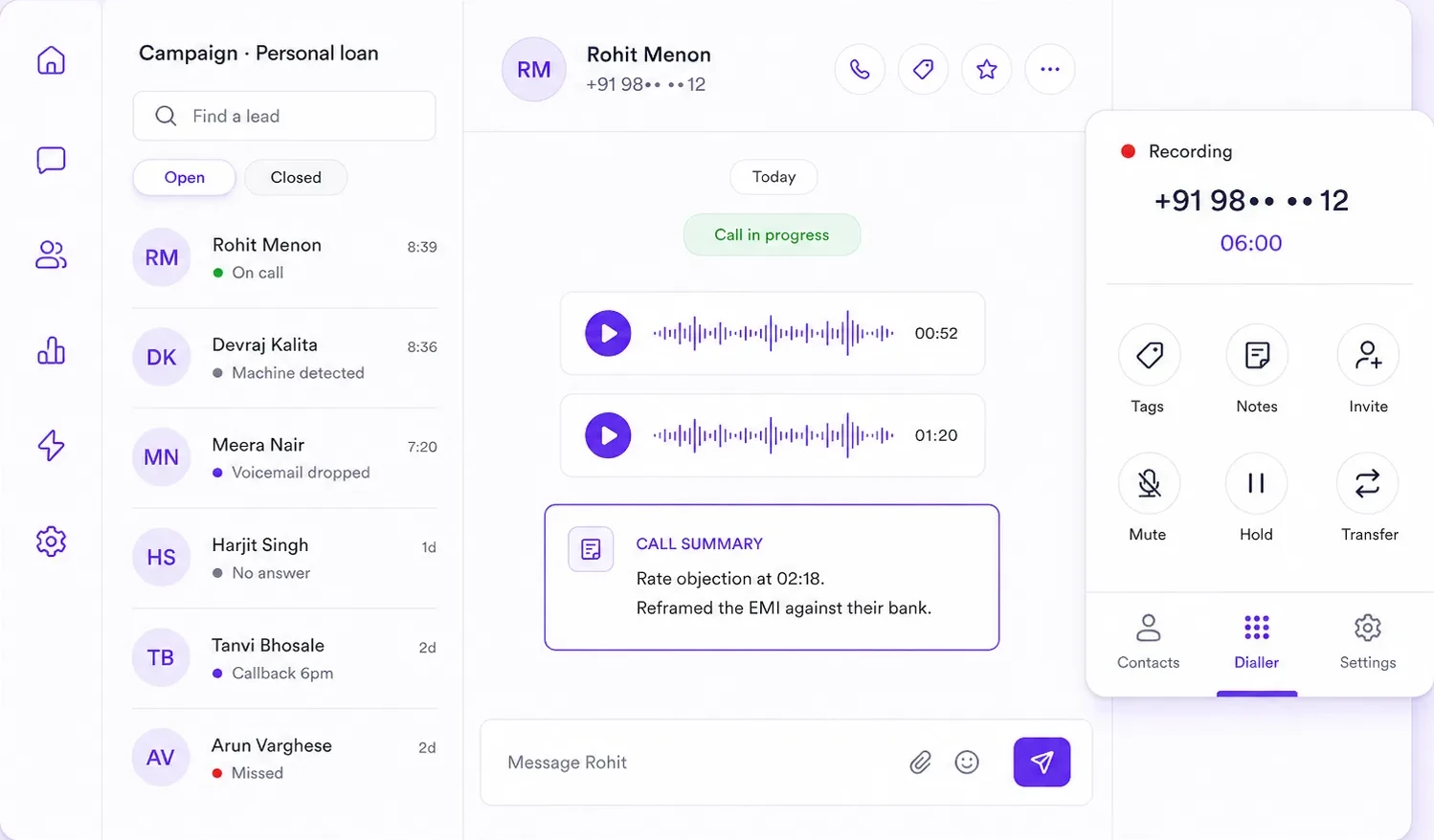 A personal-loan campaign mid-shift: leads listed with their outcome, on call, machine detected, voicemail dropped, no answer, callback at 6pm, beside the in-call controls