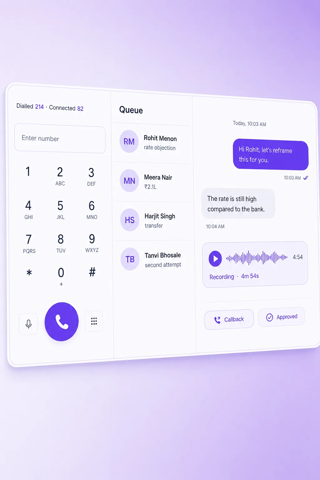 Dialler beside the call queue, with a WhatsApp thread, call recording and callback controls on the same screen