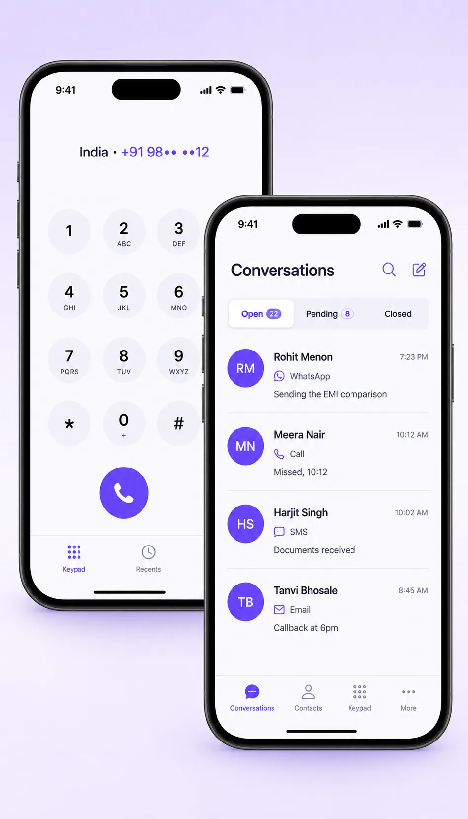 Mobile app dialling an Indian number, with the conversations inbox open on a second phone