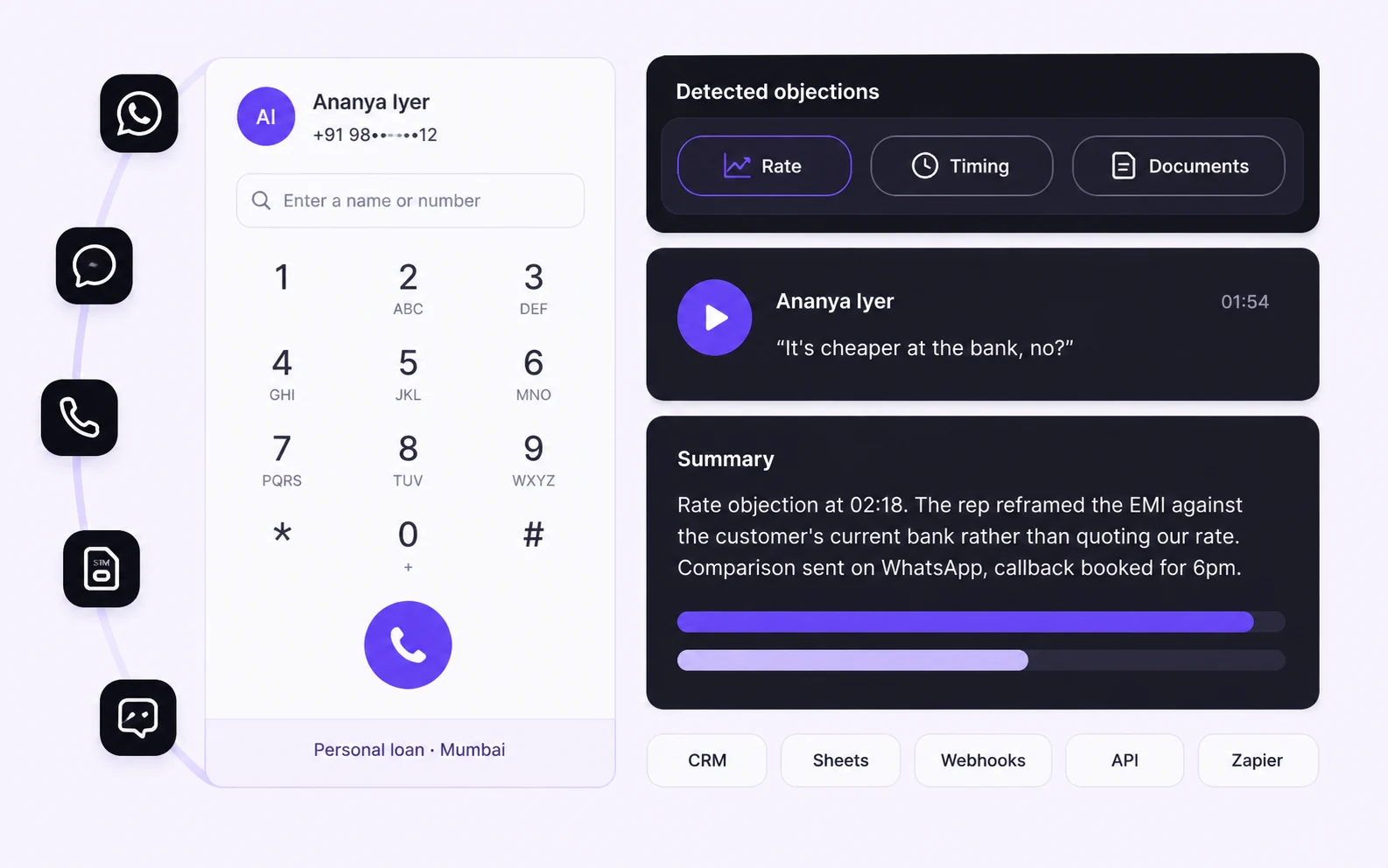 A live call read as it happens: the objection classified as a rate objection, the customer’s line quoted back, and a summary of how the rep answered it