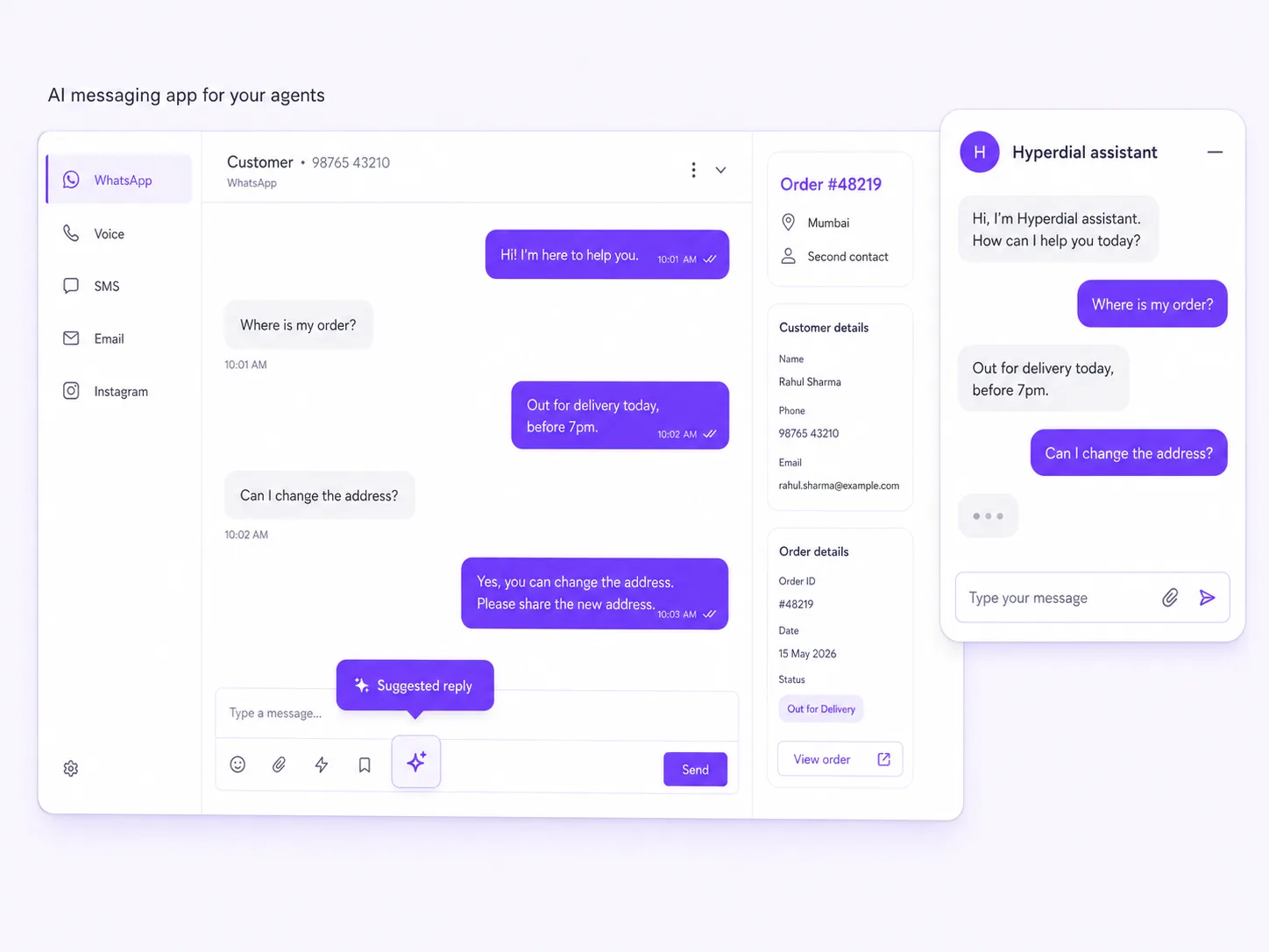 One customer thread carried across WhatsApp, voice, SMS, email and Instagram, with the order context alongside and a suggested reply offered to the agent